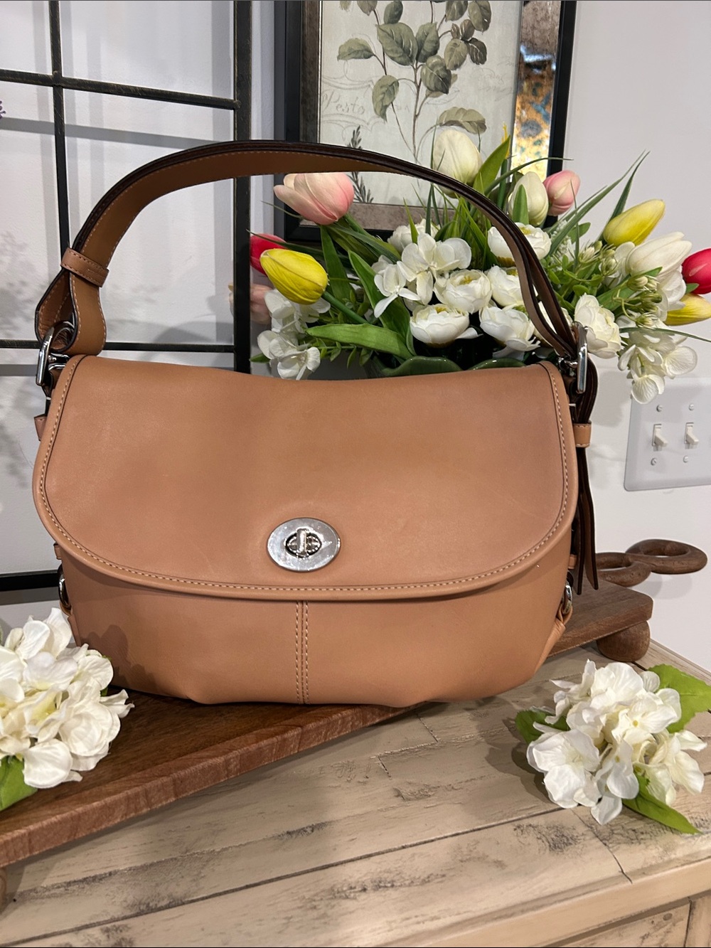 Coach Tan Leather Turn-Lock Shoulder Bag